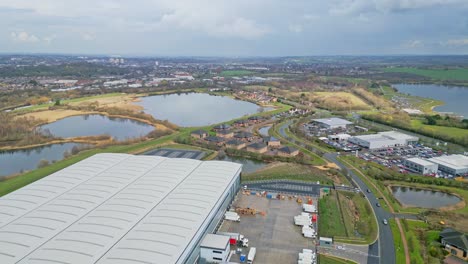 Aerial-cinematic-footage-of-commercial-complex,-trading-estates-in-the-city-of-Wakefield