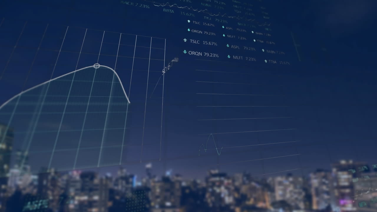 도시 풍경 위의 금융 데이터 처리 애니메이션