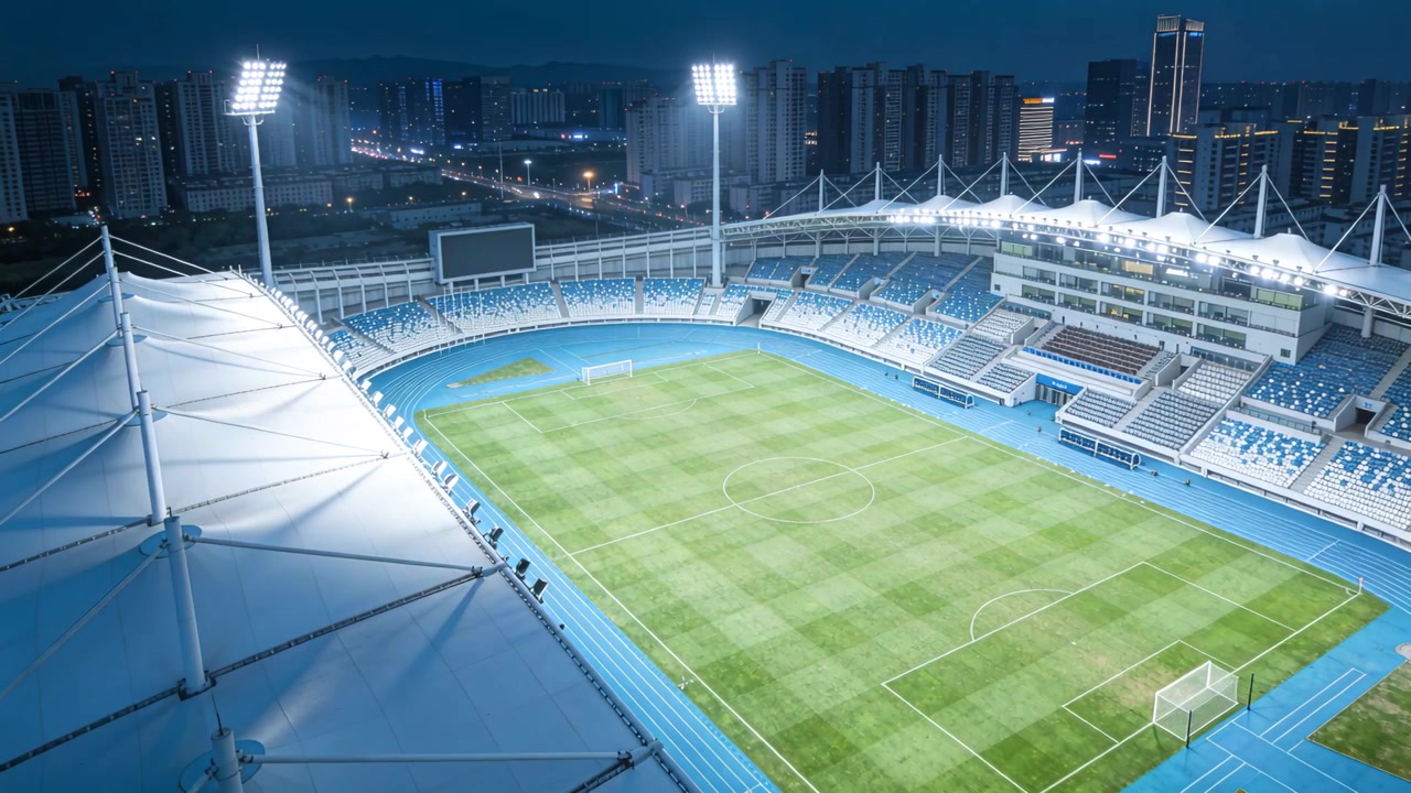 夜の近代的なフットボールスタジアムの上をカメラが右にパンし、投光照明が試合のためにピッチを照らしている。
