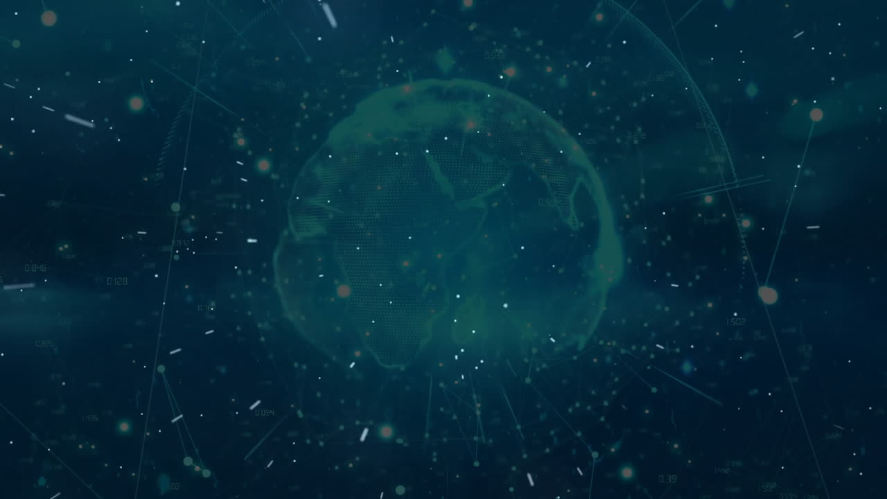 Animation of digital globe with glowing network connections and data points in space