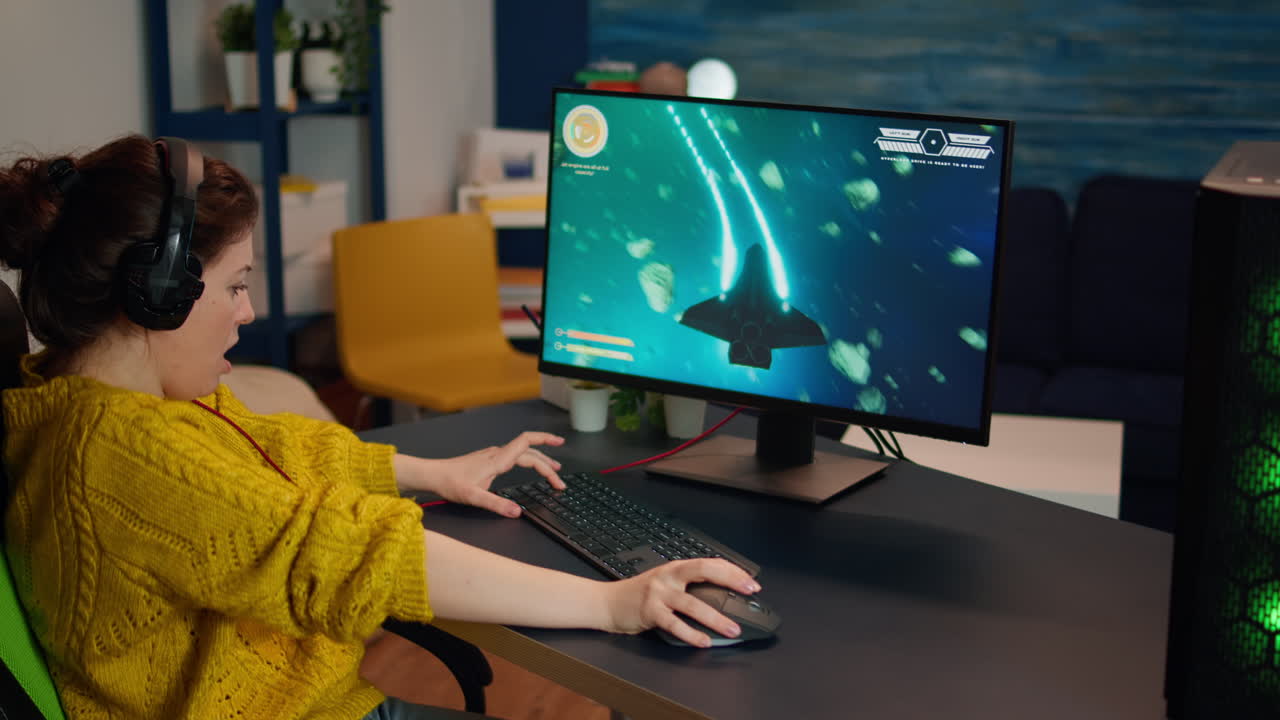 Focused woman gamer wirh headset playing shooter online video game