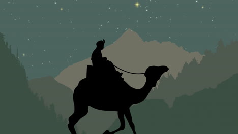 animación de un hombre sabio en un camello y estrellas en el fondo de las montañas