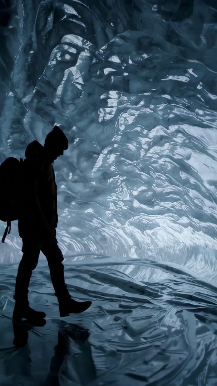 Silhouette of a person walking through an icy cave