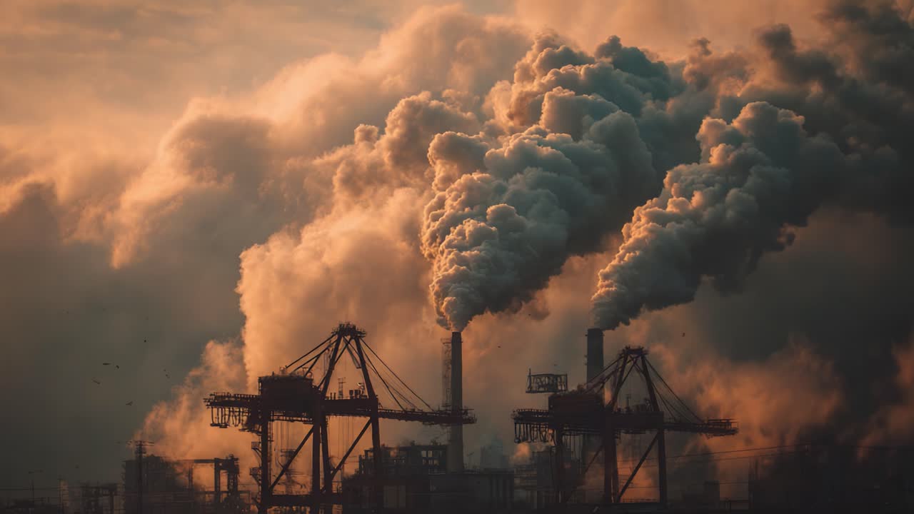 Industrial Landscape at Sunset: A Powerful Depiction of Factory Emissions and Pollution, Showcasing the Environmental Impact of Smoke and Clouds in Urban Areas