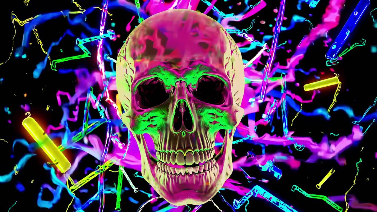 Vivid green skull pulsating with luminescent colors, radiating psychedelic energy against dark background, embodying experimental visual aesthetic for digital art and music graphics