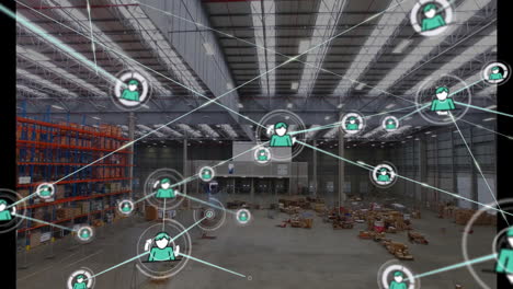 animation of network of connections with people icons over warehouse