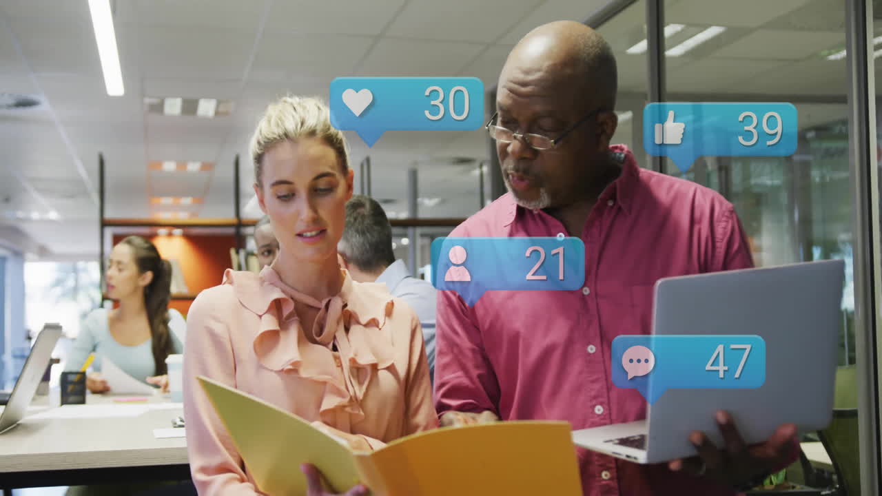 In school, colleagues discussing documents with animation of social media notifications