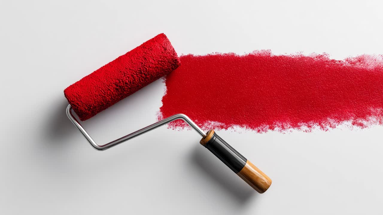 Un rullo da pittura rosso brillante stende un colore vibrante su una superficie liscia, mostrando il potere trasformativo dell'espressione artistica e gli elementi di design per l'arredamento della casa.