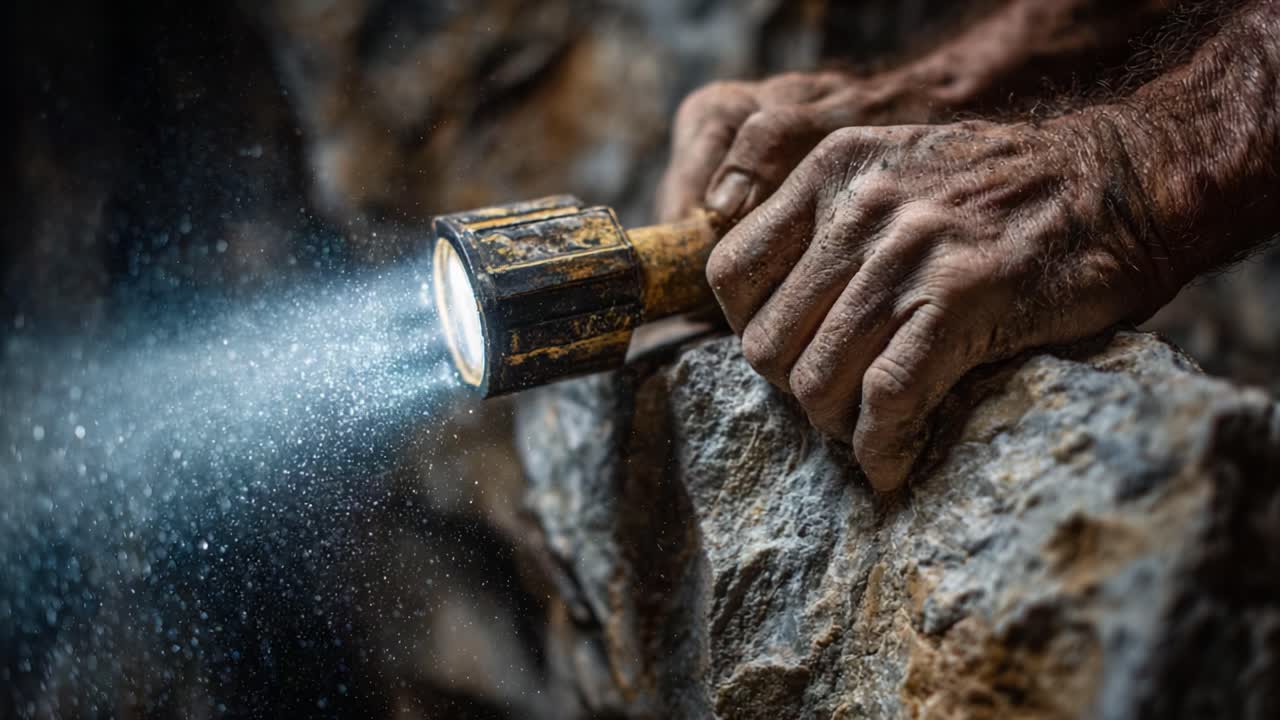 A close-up view of a rugged hand holding a flashlight, illuminating a rocky surface, showcasing the interplay of light and texture in a dark environment