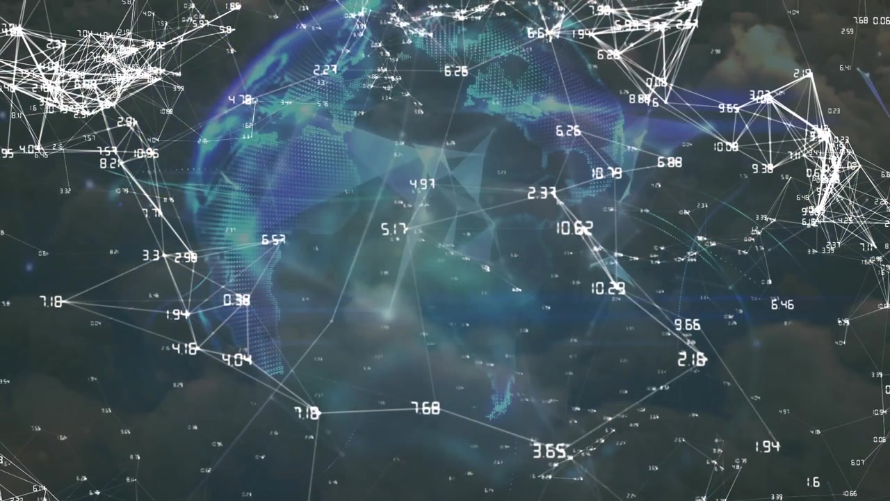 Animation of network of connections over globe of plexus networks against clouds in the sky