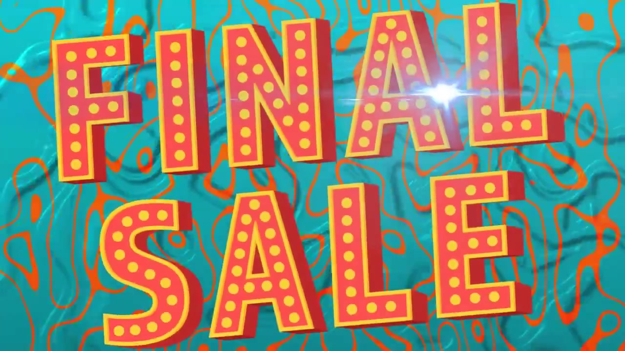 青い背景の上にオレンジ色のパターンで「フィナーレセール」の文字がアニメーション表示される様子。