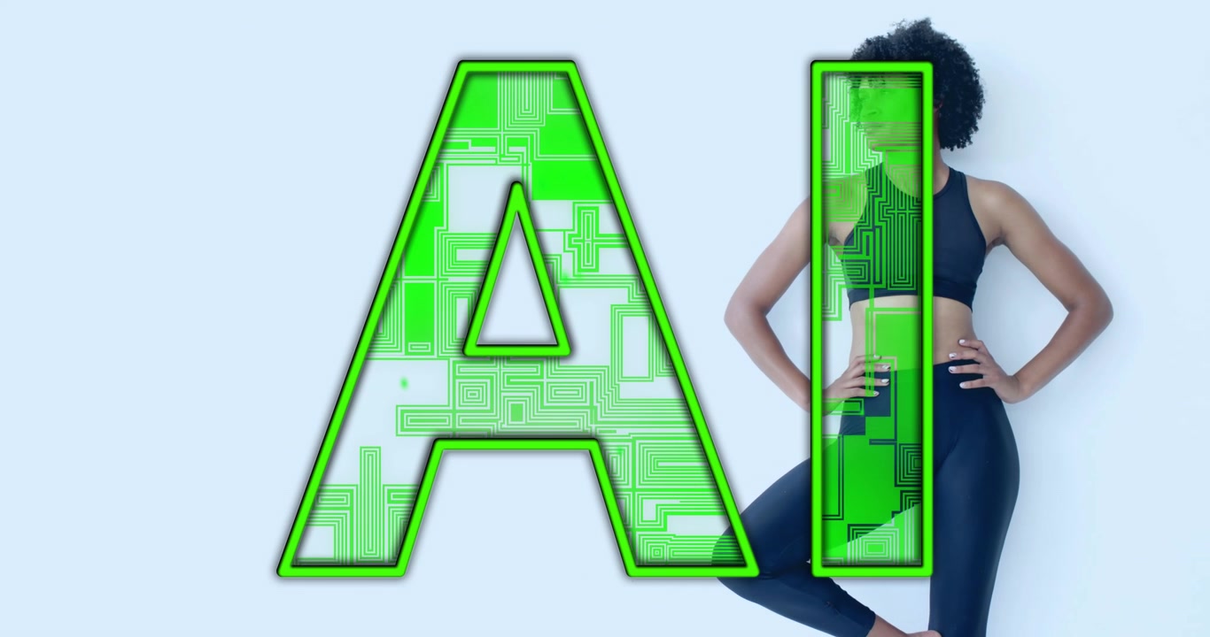 woman holding tree pose while neon circuit AI tech pulsing, glitching initiating weight shift