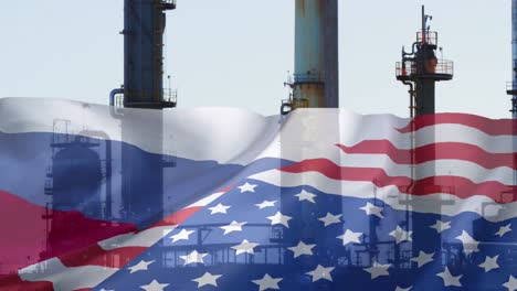 animation of oil factory and flag of russia and usa