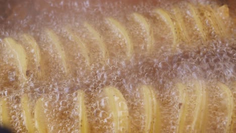 close up of french fries frying in oil