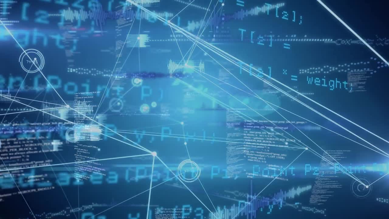 Animation of network of connections over data processing on black background