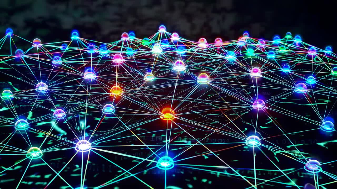 Aerial view of a digital network concept with glowing nodes and lines, creating a futuristic web