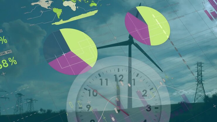 Animation of statistic charts over wind turbine in field