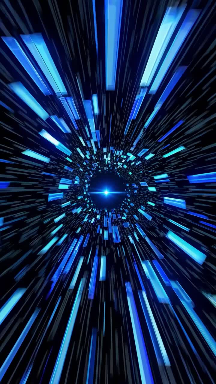 Concetto video dinamico di un tunnel di luce futuristico. L'angolazione della telecamera è centrata, creando una sensazione