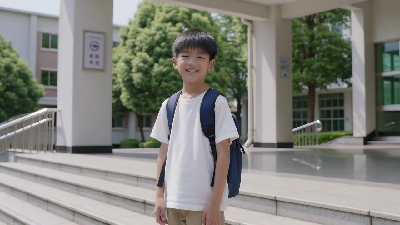 カメラが引くと、紺色のリュックサックを背負い、学校の階段に立つ笑顔の学生が映し出される。