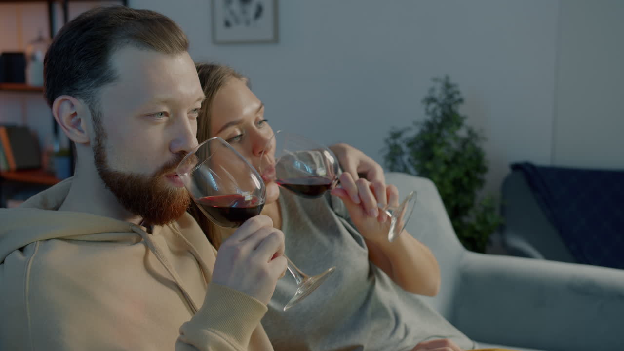 Couple enjoying red wine at home