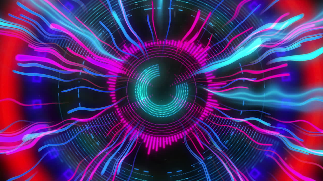 Animation of purple neon light trails and circles over black background