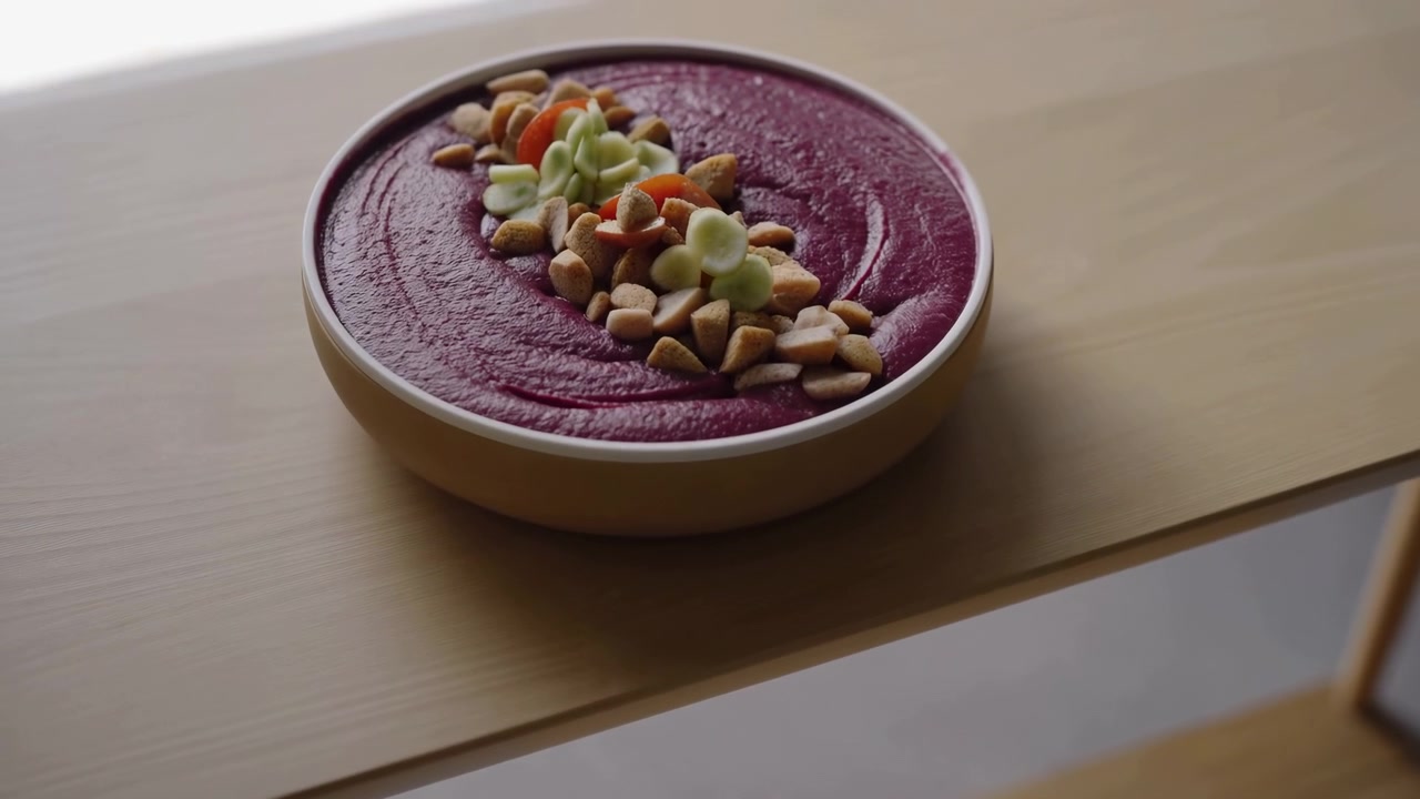 Ciotola di ceramica riempita con una densa purea viola tipo acai, guarnita con noci tritate e una piccola decorazione verde, posizionata su un tavolo di legno chiaro con sfondo sfocato e ampio spazio per il testo