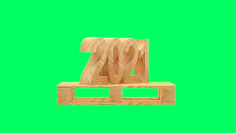 la animación 3d de 2021 gira sobre una paleta de madera en una pantalla verde.