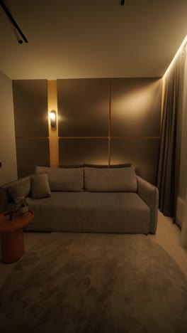 stylish and elegant minimalist home interior featuring clean lines, neutral colors, and warm ambient lighting, creating a cozy and modern atmosphere.