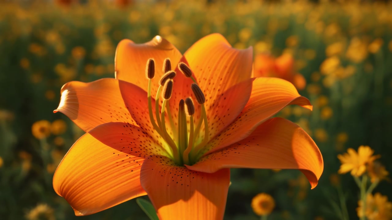 Tidsforløb af en orange liljeblomst i fuldt flor på en naturskøn, solrig eng, med orange liljer, gule blomster, naturlig plantetekstur, fra et statisk nærbillede-perspektiv, med orange og gule accenter.
