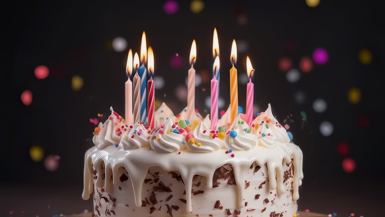 Beautifully decorated birthday cake with lit candles and falling confetti creates a festive atmosphere, celebrating a special occasion with joy and sweetness