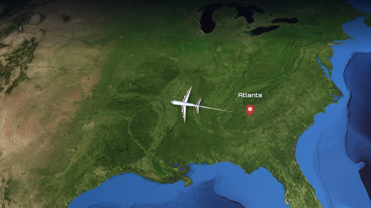 Satellite view animation tracks a commercial airplane flying from Atlanta to Las Vegas across America
