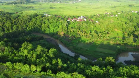 aerial view, flying over rice fields and villages with river view in the morning