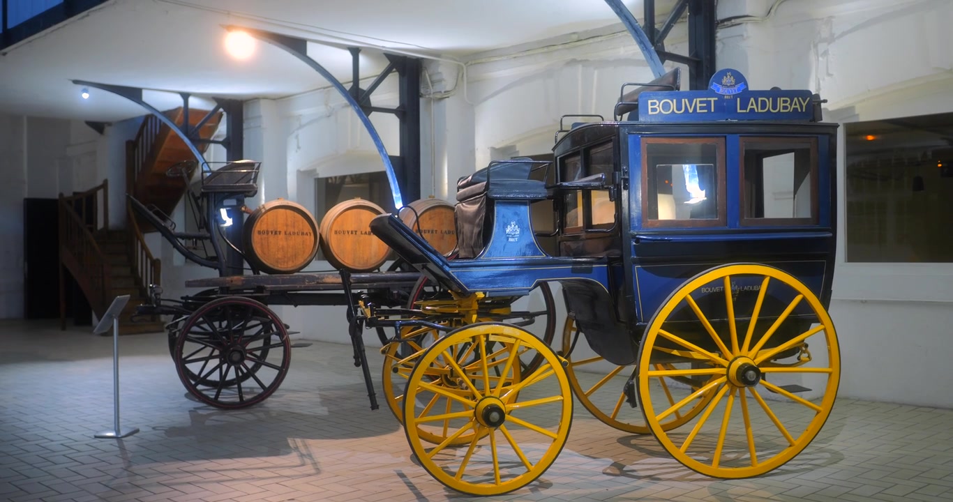 Esposizione di una carrozza d'epoca trainata da cavalli all'interno della famosa cantina del museo Bouvet Ladubay a Saumur, Francia. - panoramica.