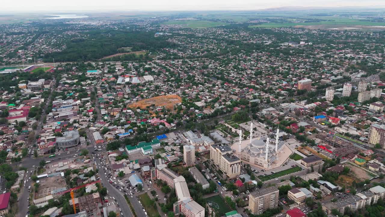 Aerial Drone fly Kyrgyzstan City Bishkek’s Grand Central Mosque – Ottoman-Inspired Architecture