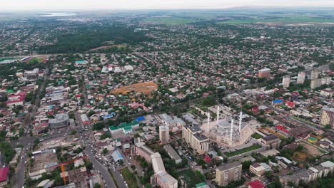 aerial drone fly kyrgyzstan city bishkek’s grand central mosque – ottoman-inspired architecture