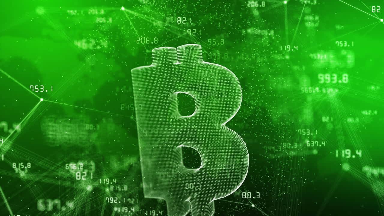3D hologram of bitcoin blockxhain icon on green background with plexus lines and dots. Stock exchange are constantly changing. Abstract space motion graphics.