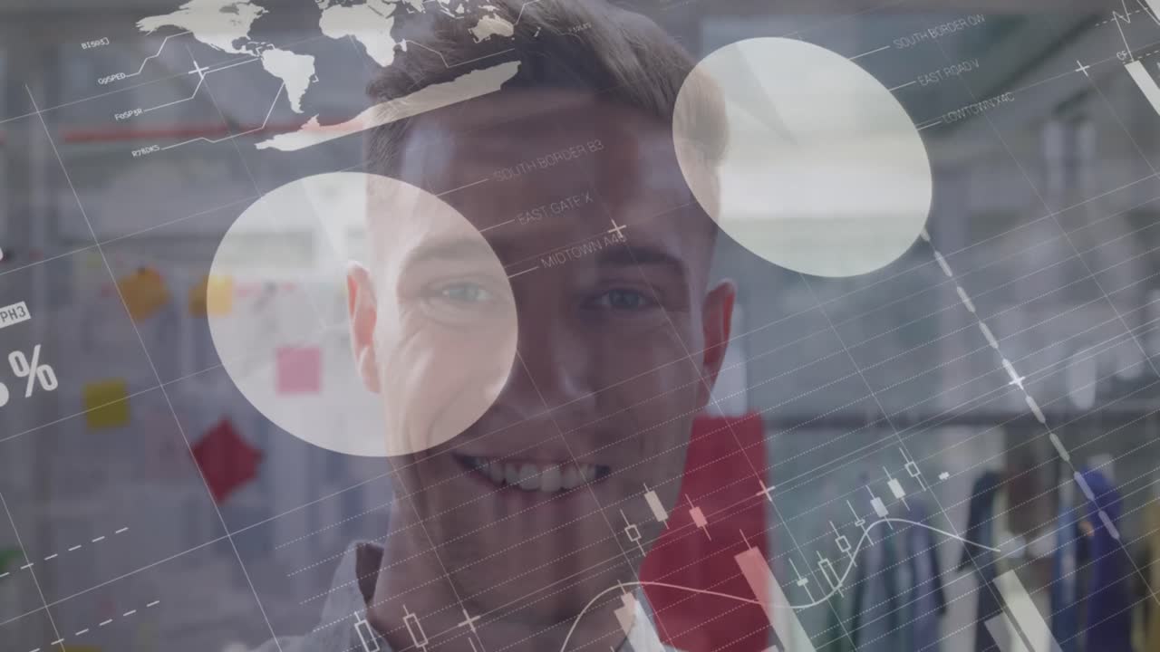 사무실에서 미소 짓는 백인 남자의 초상화에 대한 통계 데이터 처리