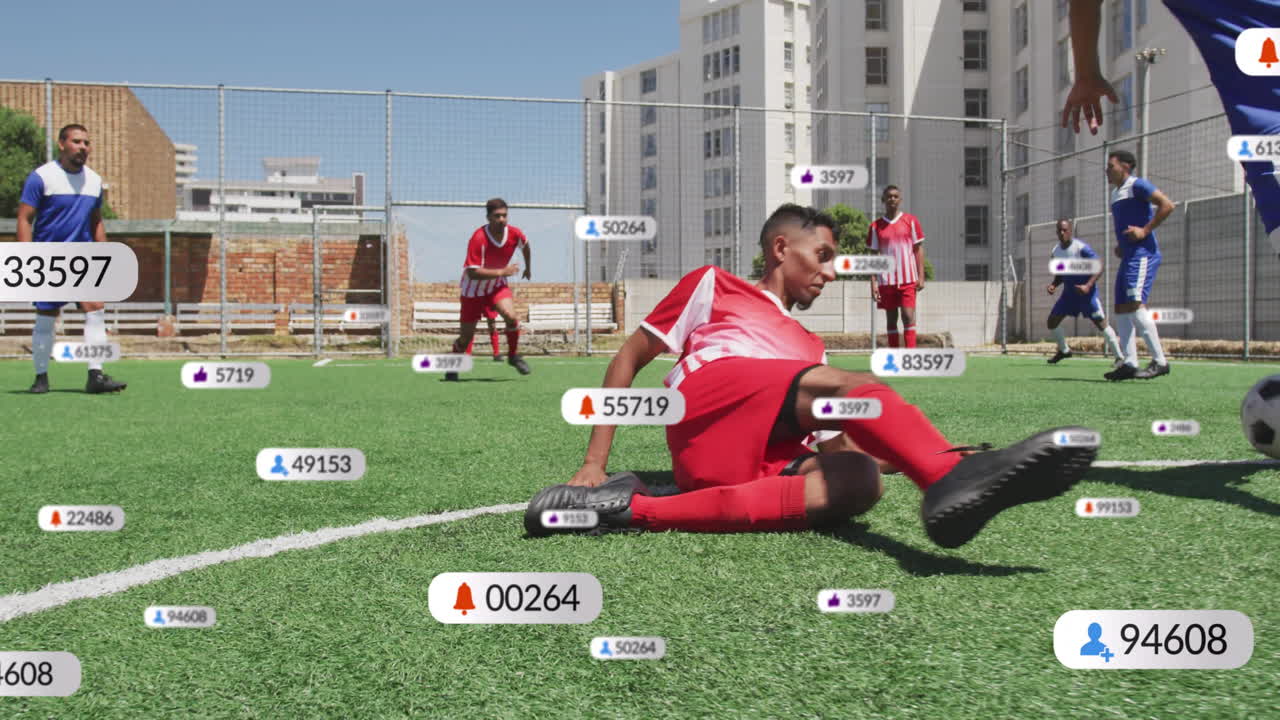 Soccer players on field with social media notification animation over them