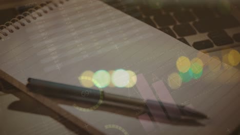 animación del procesamiento de datos estadísticos a través de un bolígrafo y un diario en una mesa contra torres de red