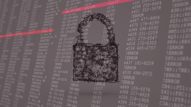 Digital animation of security padlock icons against computer data processing on grey background