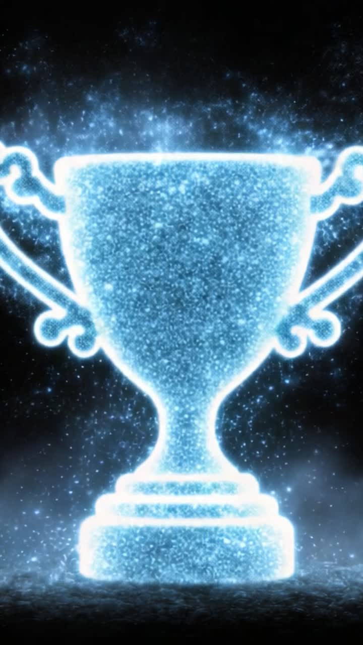 Un trofeo sfolgorante emerge da elementi cosmici scintillanti, incarnando l'essenza della vittoria e del successo su uno sfondo di polvere di stelle scintillante.