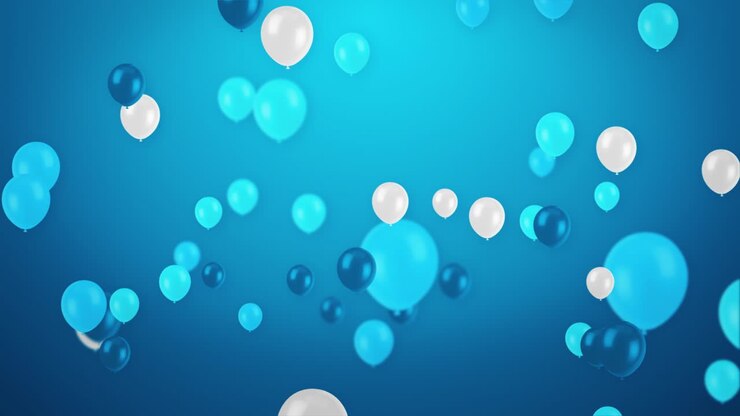 Bellissimi palloncini blu e bianchi che volano nel cielo blu. Sfondo in loop con canale alfa