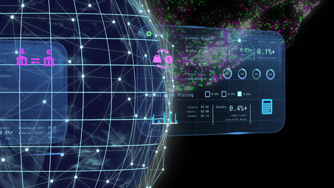 Financial data analysis animation over digital globe with graphs and charts