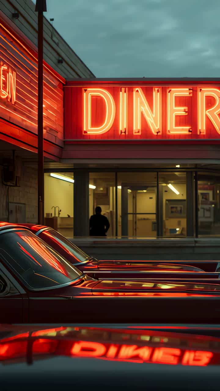 Vertical video: Entering staff walking behind counter at roadside diner, with neon sign reflecting