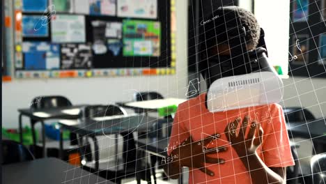 animación del procesamiento de datos sobre un escolar afroamericano con auriculares vr