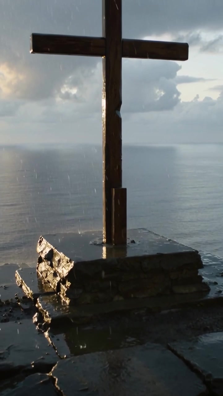 Video verticale: La telecamera si inclina rivelando una croce scura montata su un piedistallo di pietra sulla costa.