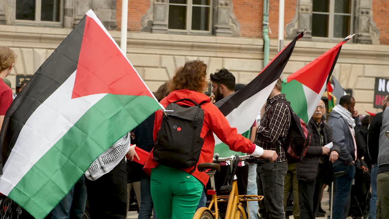Pro Palestine protesters march against Israel’s Eurovision participation in Malmö (Sweden), calling for a ceasefire on the war in Gaza, Eurovision song contest 2024, medium handheld shot