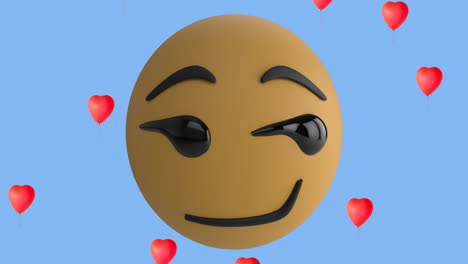 animación del icono de emoji sonriente con iconos de globos de corazón rojo sobre fondo azul