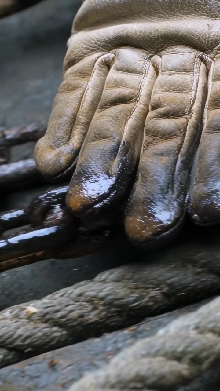 Video verticale: Una mano guantata che scorre e strofina le dita lungo una catena arrugginita e una corda su un molo, mostrando tracce d'olio.