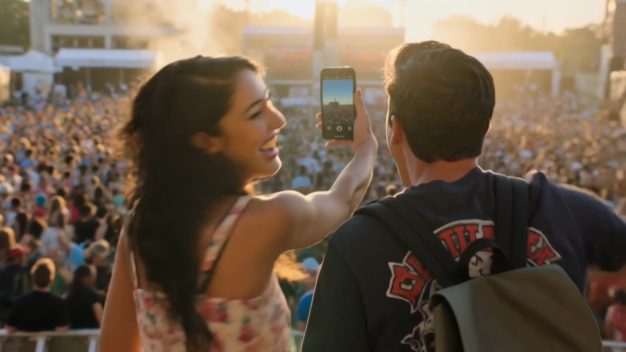 Pareja grabando en primera fila, mujer con blusa floral levantando el teléfono mientras la banda comienza, filmando el escenario.